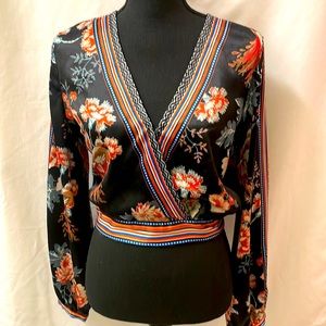 Satin Floral Cross Tie Blouse with Split and attached bow tie satin belt